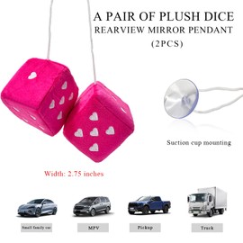 Gasedin 1 Pair Fuzzy Plush Dice for Car Mirror, 3'' Retro Square Dice with Heart-Shape, Plush Retro Dice Hanging Ornament, Universal Interior Hanging Dice Decor for Men Women (Rose Red)