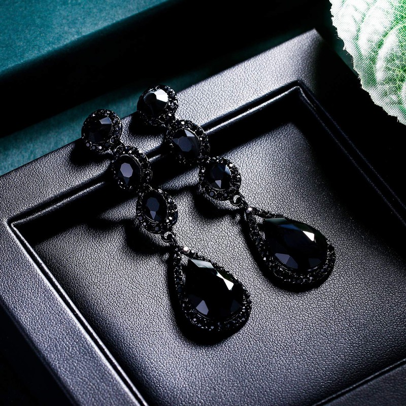 EVER FAITH Black Rhinestone Crystal Multi Teardrop Pierced Drop Dangle