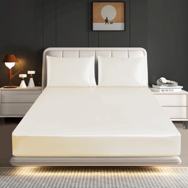 ROOEE Satin Silk Fitted Sheet with Pillowcase Set Breathable Soft Bedding Brushed Fabric Wrinkle, Shrinkage and Fade Resistant Bottom Bed Sheets (CREAM, Double)