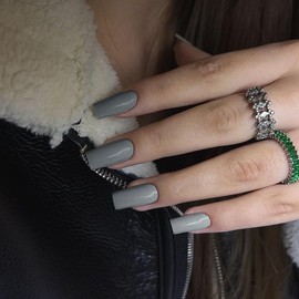 KQueenest Dark Grey Press on Nails Long Medium Square, Glossy Solid Fake Nails Press ons, Glue on Nails Medium Coffin, Gel Square Tip Nails, Acrylic Nails False Nails for Women Daily Wear, 24 Pcs