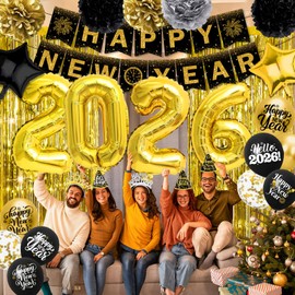 New Year Decorations 2026 - Black Gold Happy New Year Party Supplies Set include Banner, Balloons, Hats, Headbands, Glasses, Blowouts and Squawkers