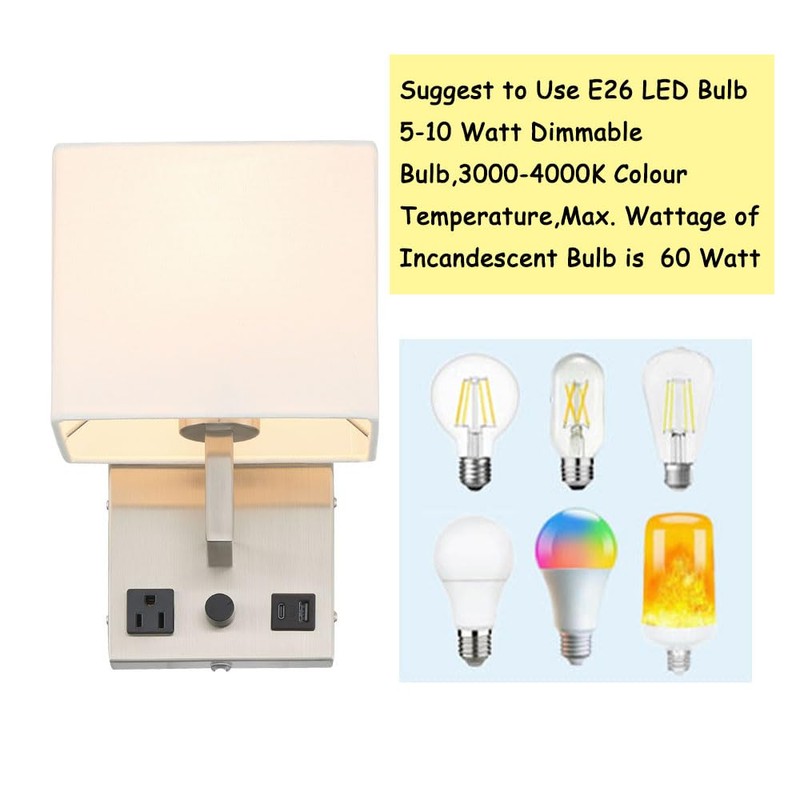 HomeFocus-Bedside Wall Sconces,Dimmable Wall Light with Outlet and Dual USB