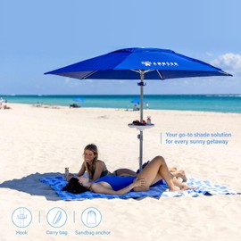 AMMSUN 8ft Large Beach Umbrellas for Sand Heavy Huty Wind Portable Commercial Grade Patio Beach Umbrella with Sand Anchor Adjustable Height Air Vent UPF 50+ Telescoping Pole without tilt Dark Blue