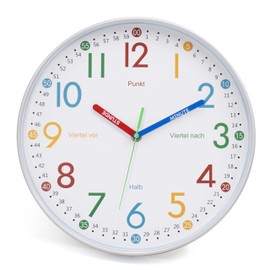 K&L Wall Art Learning Clock Children's Wall Clock without Ticking Noises Modern Children's Clock Boys Silent Girls Clock Silver Grey 30 cm