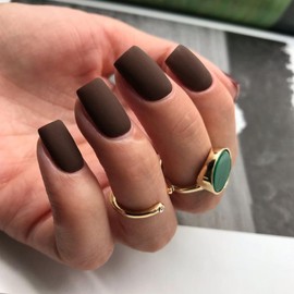 Matte Brown Press On Nails Short Square, Short Gel Nails Glue on 2024 Fall Colors Acrylic Nails Press ons Featured Protective Coat Thick Reusable Fake Nails 24Pcs Short Coffin Artificial Nails