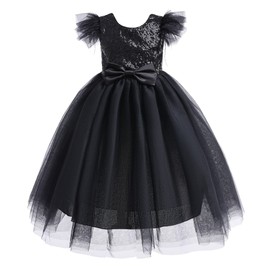 Backless Girls Funeral Pageant Evening Party Formal Ball Gowns Long Glitter Sequins Tulle Maxi Dress for Little Kids 3-4 Years Black