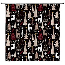 Christmas Shower Curtain Xmas Tree Deer Reindeer Snowflake Cute Winter Holiday Black Red Brown Fabric Curtain with Hooks for Bathroom Decor,70x70 Inch