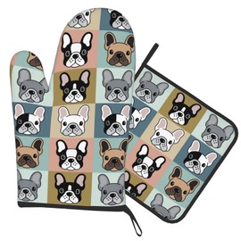 French Bulldog Oven Mitts and Pot Holders Sets of 2, Heat Resistant Non-Slip Oven Gloves and Pad for Cooking Baking Grilling BBQ Gifts