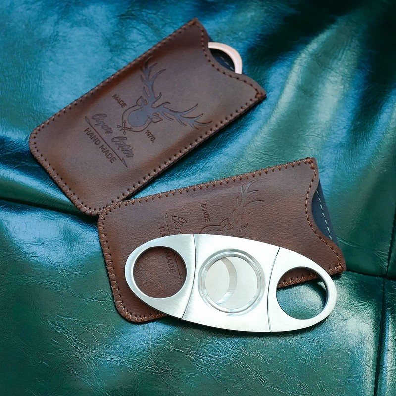 Stainless Steel Cigar Cutter with Leather Case,Double Blade for a