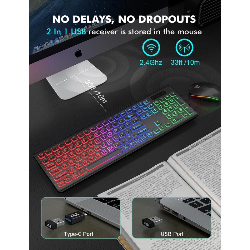 Wireless Keyboard and Mouse Combo - Large Print, RGB Backlit,
