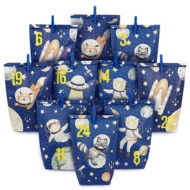 Extravagant Advent Calendar for Filling with 24 Blue Gift Bags and 24 Number Stickers and Clips Space Motif for Crafts and Gift-Giving for Christmas and Advent