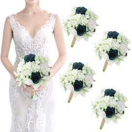 SEMONONIA Wedding Bridesmaid Bouquet Set of 4 - Artificial Flowers Bouquets for Bridesmaids Pre-Made 7 Inch Faux Small Floral Bouquets Bridal Shower, Wedding, Ceremony, Anniversary - White Teal Blue