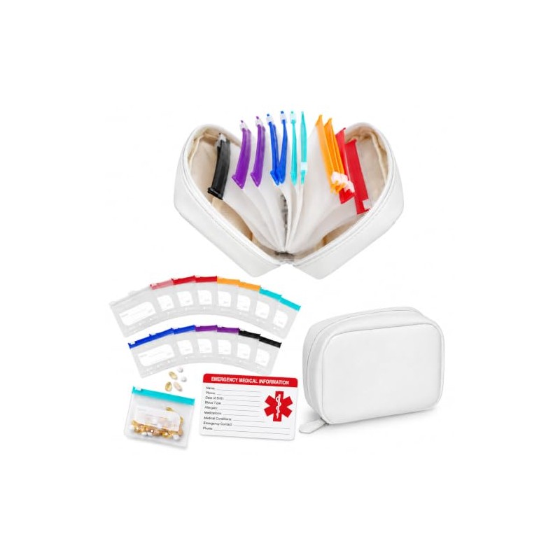 Waterproof Travel Pill Organizer,14 Pouches&Medical Information Card White