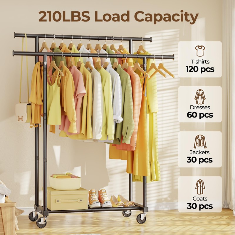 HYSEYY Double Rods Clothes Rack, Rolling Clothing Rack for Hanging