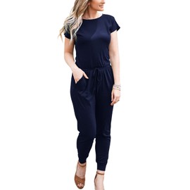 Dearcase Women's Elegant Off Shoulder Loose Jumpsuit Short Sleeve Playsuit Stretchy Jumpsuit Trouser Suit Elastic Waist Romper with Pockets, A1 Navy Blue, m