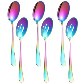 6 Pieces Serving Spoons Set, 8.7 Inch Serving Spoon, Includes 3 Serving Spoons and 3 Slotted Spoons, Stainless Steel Buffet Banquet Spoons, Large Spoons Utensils Cutlery Set for Kitchen, Colorful