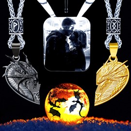 ZiWuark Matching Dragon Necklace Couples Viking Heart Necklace Jewelry for Men Women with Rune Beads (Gold)