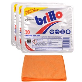 Topest 3X Brillo Multi-use Soap Pads (3 X 10 Pads)- Household Cleaner - Effective for Cleaning Pots, Pans, Cookers - with Ultra Absorbent Microfibre Cleaning Cloth