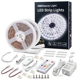 MY BEAUTY LIGHT LED Strip Lights White,50.5ft Dimmable LED Light Strip with RF Remote,924 Bright 6500K 2835 LEDs,Plug-in Adhesive Rope Lights with Timing Mode for Living Room Bedroom Kitchen