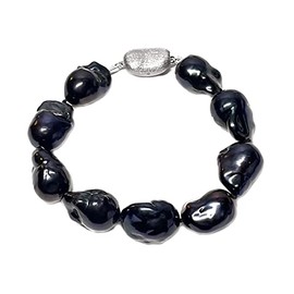 12-15mm Black Baroque Freshwater Cultured Pearl Bracelet AA+ Quality Stylish Sterling Silver Clasp, 8"