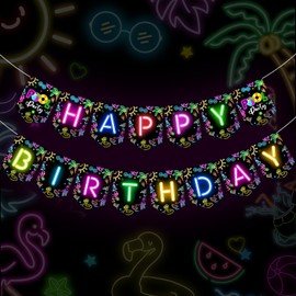 Wonmelody Glow In The Dark Pool Party Decor Happy Birthday Pool Party Banner Neon Pool Birthday Party Banner for 1st 2nd 3rd Birthday Hawaiian Pool Party Coconut Tree Beach Ball Wall Decor