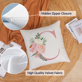 Alphabet Decorative Pillow Covers 20x20 Inch Pink Letter C Pillow Covers Floral Initial Throw Pillow Covers Soft White Velvet Square Cushion Covers Pillow Cases Home Couch Sofa Cushion Cases (C)