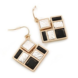 Black/Silver Glass Bead Square Geometric Drop Earrings In Gold Tone - 40mm L
