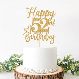 Decoración para tartas de feliz cumpleaños 52, 52 decoraciones de cumpleaños para mujeres/hombres, saludos a 52 años, Hello 52, suministros para fiesta de feliz cumpleaños 52, purpurina dorada