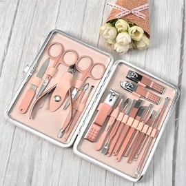 Manicura Set, 18 piezas de acero inoxidable cortaúñas con estuche de cuero, de cuero rosa de viaje Pedicura, cortaúñas, lima de uñas, ganchos para los