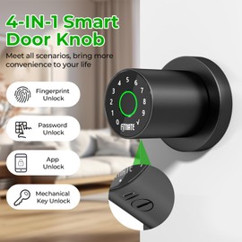 FITNATE Fingerprint Door Knob with Keypad, Smart Door Knob with App Control, Biometric Door Lock Keyless Entry Door Lock for Bedroom, Apartment, Hotel, Office (Matte Black)