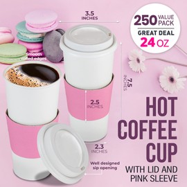 Fit Meal Prep 250 Pack 24 oz Disposable Coffee Cups with Lids and Pink Sleeves, Lead-Proof Sturdy To Go Coffee Cups with Lids, Pink Hot Paper Cups for Party, Wedding, Birthday (White Lids)