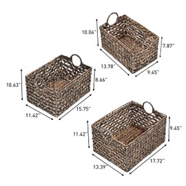 happimess BSK2010B-3SET Quinn Bohemian Cottage Woven Hyacinth Rectangular Wicker Storage Baskets with Handles, Brown (Set of 3), Seagrass Containers for Decoration in Living Room, Bedroom