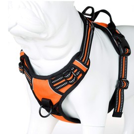 JUXZH Soft Front Dog Harness .Best Reflective No Pull Harness with Handle and 2 Leash Attachments Orange