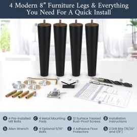 Airy Abode Premium Black Wood Furniture Legs (Full Install Kit) - Pick Your Size and Color