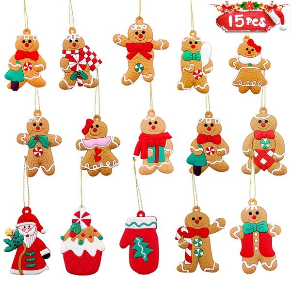 Pack of 15 Gingerbread Christmas Jewellery, Gingerbread Man Hanging Christmas Decoration, Miniature Christmas Tree Decoration, Hanging Ornaments, Mini Decorations with String S (A)