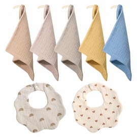 BouGPeng Muslin Squares for Babies (22 x 22 cm) Baby Newborn Unisex Muslin 100% Cotton Towel Baby Burp Cloths Made of Cotton and Baby Absorbent Cotton Bibs (21 x 23 cm) – Pack of 7