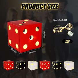BTFO 6pcs Large Casino Dice Favor Boxes with Lights, 7in Giant Glow Decorations for Casino Theme Game Night Las Vegas Birthday and Centerpieces (Red, Black, White)