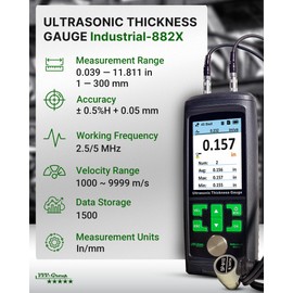Ultrasonic Thickness Gauge Industrial-882X / Steel, Metals, Plastic, Glass, PVC, Pipes Thickness Gauge Meter – Range 0.039 to 11.811 inch (1-300mm) | Color LCD (All Material)