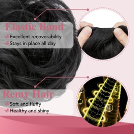 TESSHAIR Thick Human Hair Messy Bun, 100% Real Hair Bun Extensions for Women, Wavy Curly, 25g, #Dark Black