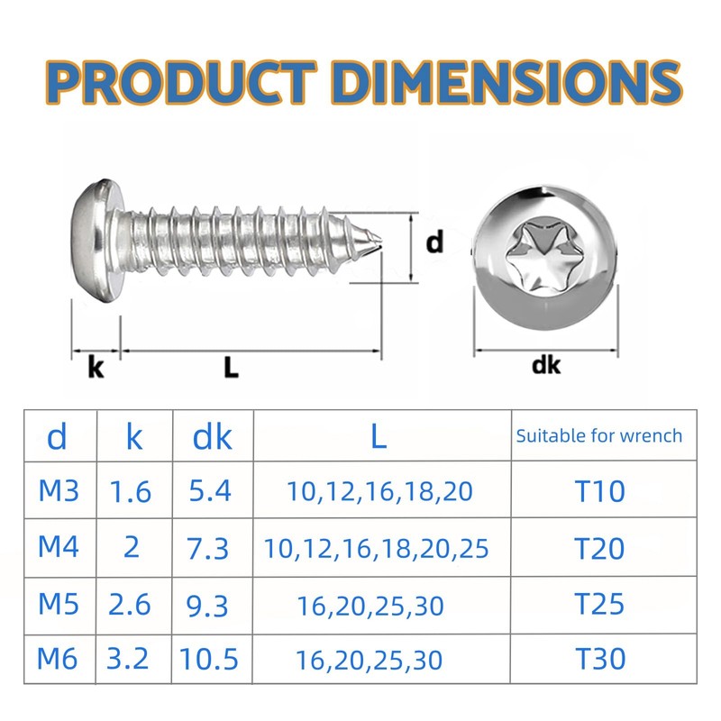 HAISHANG Pack of 50 Self-Tapping Screws M4 x 18 mm,