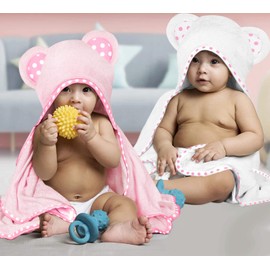 ELSVIN Set of 2 Hooded Baby Towels – White and Pink – Luxurious, Large and Super Absorbent – 35 x 35 Inch – Soft and Suitable for Infants, Toddlers and Kids – 400 GSM