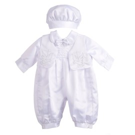 Dressy Daisy Infant Baby Boy Christening Baptism Outfit Satin Romper Bodysuit Set with Bonnet Hat Size 3-6 Months