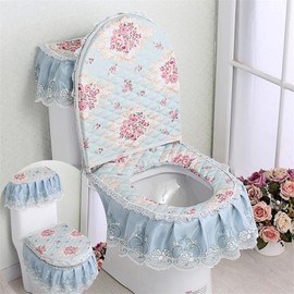 [Dajilong] Italian velvet lace zipper toilet mat set, fruit green floral light moon, 1 set / [다있지롱] 이태리 벨벳 레이스 지퍼 변기 매트 세트, 프루트그린 플로럴 라이트문, 1세트