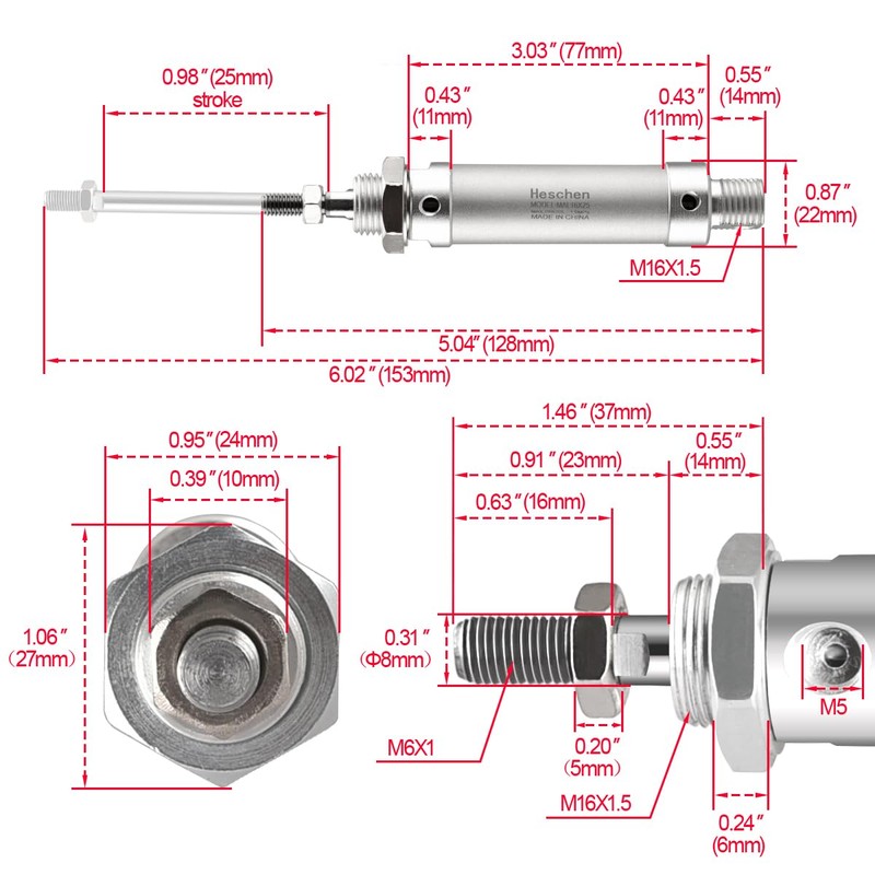 Heschen 空気圧スリムエアシリンダー MAL 16-25 M5ポート ボア16mm ストローク25mm ダブルアクティング