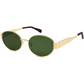 LOJUDI Retro Sunglasses Men Women Oval Metal Frame Round Vintage Round Sunglasses UV400 Protection, Gold / Green