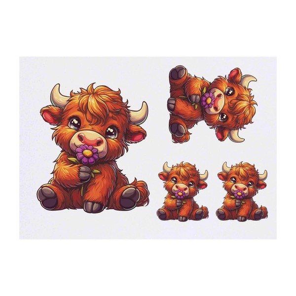 4 x 'Cute Highland Cow With Flower' Temporary Tattoos -