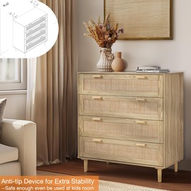 Finnhomy 4 Drawer Dresser for Bedroom 35.43” Wide Wooden Bedroom Dressers with Drawers, Rattan Dresser Modern Cane Dressers Chest of Drawers Wood Oak 4 Drawer Dresser for Bedroom, Hallway, Living Room