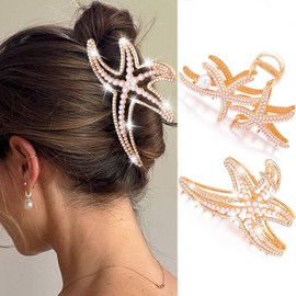 CAKURE Starfish Claw Clips Gold Pearl Hair Clips Sparkle Large Hair Claw Set for Thick Thin Hair Women Daily Beach Hair Accessries (Pack of 2) (a-gold&gold)