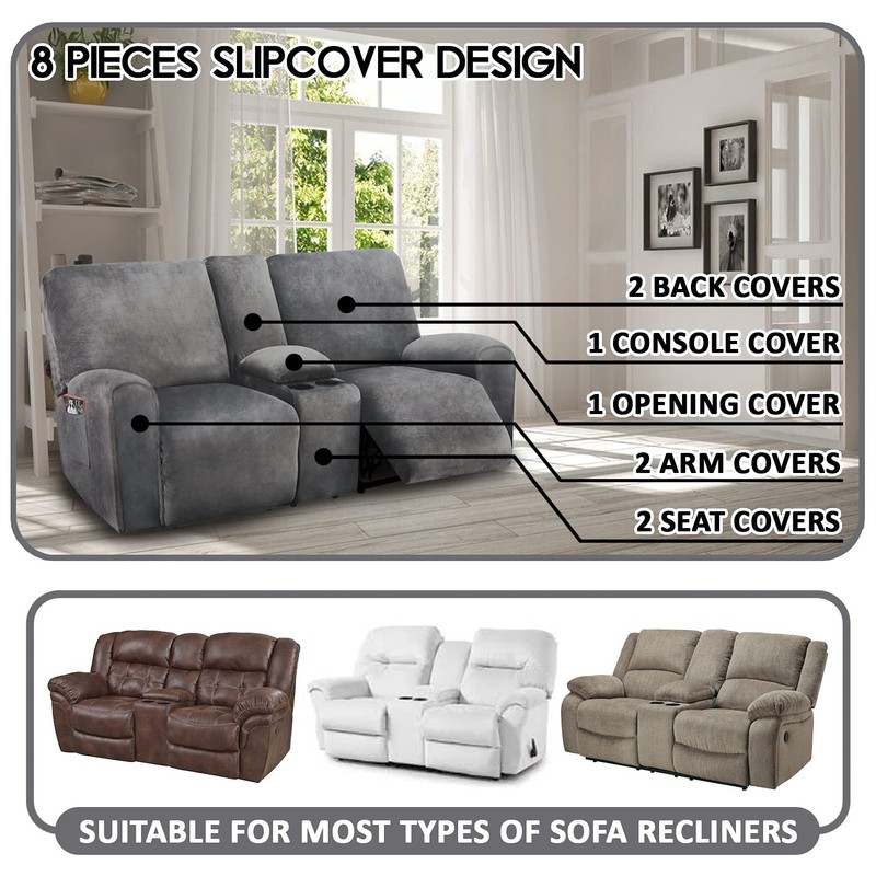 ULTICOR Reclining Loveseat with Middle Console Slipcover, 8-Piece Velvet Stretch