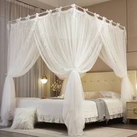 NXGIO 4 Corners Post Princess Curtain Bed Canopy Lace Up Double Layer 4 Opening Mosquito Net Mesh for Girls Bedroom Decoration(White, 78" W*86" L*82" H/King)